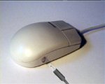 A standard, wired mouse with left and right click buttons, and a switch input on the right side. 