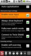 A menu of the input settings for Tecla Access with the enable voice output highlighted and checked.