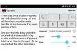 Speak it tablet menu with play and options buttons: sliders for Speed and Pitch, UK English on button, and menu, save, speak and backspace buttons. There is text on the left side of the menu.