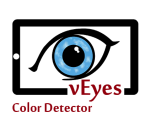 A smartphone in landscape mode with a sketch of an eye inside its screen and the text vEyes Color Detector below it.
