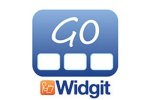 Logo featuring a rounded blue square with the word GO on top and three white rectangles in a row below it. Underneath is the word Widgit in blue and to the right is a small orange square with a stick figure of a person reading a book.