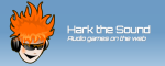 Long horizontal box with light blue background a cartoon image of a boy's head on the left with orange, fire-like hair and wearing sunglasses and headphones. The name Hark the Sound is on the right.