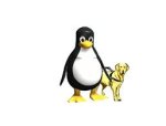 Logo of Linux Speakup featuring a penguin with yellow feet next to a small yellow dog on a leash.