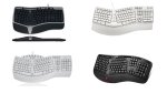 Various models of ergonomic keyboards. Two are black; two are white. All models resemble a standard keyboard. The main difference is that the device has a mild "S-curve" with a place to rest your palm/wrist on the bottom edge. The key layout is also divided into different sections that follow the curved design, so that the user's hands do not have to rest close together, but can each work comfortably in their own "zone." One model features a small trackball built into the keyboard at the bottom.