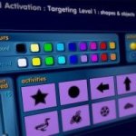 Menu titled "Activation: Targeting Level 1: Shapes & Objects" and features choices for colors and various activities represented by thumbnails of shapes.
