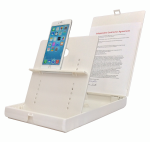 White portable stand with two flaps, the one in front has a ledge to prop a device on and the back one has the document to be scanned. This image version is seen holding an iPhone.
