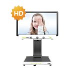 Computer monitor with a picture of girl covering one of her eyes with her hand on a stand with a flat tray for scanning documents. There are three, large control knobs at the bottom of the monitor screen.