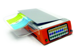 A flatbed scanner device with a touch panel control on the front side and a clear tray to prop up books and other texts while they are being scanned.