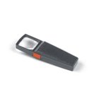 Gray rectangular magnifier with square lens and orange button along side to toggle light.