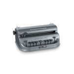 Gray device resembling a small typewriter. The device has 9 keys in a single row, as well as a slot extending across the top for loading paper. There are medium-sized round knobs on either side of the device for sliding the paper into the slot.