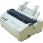 White printer-like device with tray along back and menu buttons along front. Menu features 4 small buttons, labelled "turn off;" "play/pause;" "load/eject;" and "Online/Cancel." The labels are not in braille. The device has a plastic grey cover where paper feeds through at the top. There are two large round knobs, one on either side of the device for sliding the paper down into the loading slot.