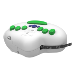 White, rounded device with green and blue menu keys and a black power cord connected.