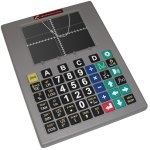 Large, thin calculator with large, color-coded buttons.