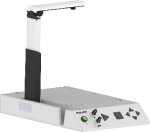 iReader scanning device with rectangular platform for objects to be scanned and an arm with a camera extended from the base up above. The controls are located along the front side of the base.