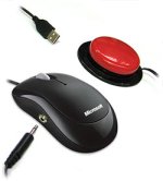 Standard black computer mouse with cable connection to red, circular switch button.