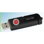 Black USB drive with red-and-white starburst graphic.
