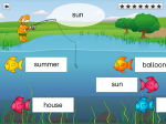 Screenshot of a colorful illustrated fishing scene, with a child fishing in a lake and various words floating alongside colorful fish in the water.
