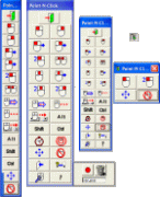 Various layout for the virtual mouse functions including a 1x15, a 2x12, and a 2x2. On the menus are icons of a mouse with an arrow pointing right or with colored red left or right buttons or with 2 colored red mouse buttons.