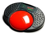 Red button embedded on black, oval speaker.