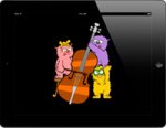 Three cats, pink, yellow, and purple, playing a cello displayed on an iPad.