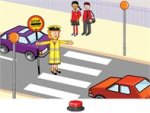 Crossing guard in crosswalk holding sign in front of red and purple car as bystanders watch.