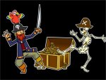 Pirate with parrot on head and peg leg dancing with skeleton with an eyepatch and brown hat. Both dancing in front of a treasure chest with gold coins.