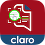 Claro ScanPen App Logo. It features a graphics-style logo with a red and blue background. The logo itself is an illustrated of a page with printed text, and a green magnifying tool "zooming in" on a section. Within the green magnification circle, a hand-style mouse icon is pointing to a line of text, which is highlighted in green. Beneath the logo, the word "claro" is printed in white, sans-serif font.
