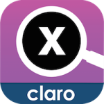 Claro MagX App Logo. The background is light and dark purple, and the logo itself is an illustration of white magnifying glass. The inside of the glass is black, and the letter "X" in white is being magnified. Beneath the logo, the word "claro" appears in white, sans-serif font.
