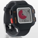 Timer Watch with black wristband and larger watch face. Black and red control buttons along the left side and black timer buttons along right side.