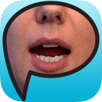 Oral Motors App logo showing a blue speech bubble partially containing a human face. Pictorial emphasis is on an open mouth and tongue position, as if forming words. 