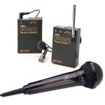 Wireless audio system with transmitter, handheld and lapel microphones, and receiver.
