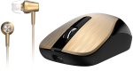 Black mouse with gold clickers, black scroll wheel next to gold earbuds.
