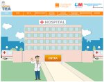 Image of homepage of website, featuring doctor standing in front of hospital waving.