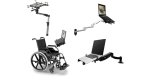 Various models of laptop stands. They feature an articulating, bendable arm mounted to a wall, wheelchair arm rest, or other surface. They have a tray at the end where a laptop rests. The tray has clamps or an edge that secures the laptop in place. The devices are black and silver.