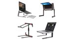 Various models of laptop stands. They resemble trays that are elevated on two L-shaped legs that lie flat on a surface. Two of the stands tilt the laptop down moderately, so that the screen ad keyboard are angled down and toward the user. One model hold the laptop flat. Another model tilts the laptop almost entirely upside-down so that it can be used while lying on your back. Two models are black; one is black with red accents; the fourth is silver.