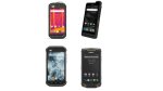 Various models of rugged mobile phones. They resemble standard touchscreen smartphones. The bodies of the phones are thicker than standard smartphones for added durability.