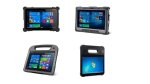 Various models of rugged tablets. They resemble standard Windows and Android tablets. Two models have built-in handles for gripping at the top of the device. All of the models are thicker and more heavy-duty appearing than standard tablets.