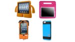 Various models of mobile device cases. Two are bright pink and yellow and fit over a tablet. The yellow model has two handles on the side for secure gripping and two large supports on the bottom that serve as a built-in stand. The handles and supports are designed to look like arms and legs. The pink case has a built-in handle at the top. There is also a blue and black phone case and a rugged orange phone case.