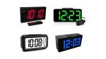 Various models of large display alarm clocks. They resemble standard, digital, and rectangular alarm clocks, but with extra large numbers and displays. All of the models feature sharp, high-contrast displays. One features a white display background with black numbers. The other models have black display backgrounds. One model has red numbers; another has bright green numbers; a third model has blue numbers.