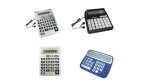 Various models of talking calculators. They resemble standard calculators, but they are larger in size, with larger-print keys. Two calculators are scientific, expanded calculators. Two models are shown with connected earbuds. One model is blue with white keys; one is black with white keys; and two are silver with with black keys.
