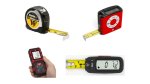 Various models of digital measuring tapes. Three resemble standard measuring tapes, but with digital display screens and a set of menu buttons. One of these is small and long, while the others are larger, with one being round and the third being square. The fourth model is a small, long, and rectangular device (similar to a small, first-generation iPod) with a display screen and menu buttons. This model has no measuring tape. Two models are black with yellow tape; one is red; the fourth is red and black.