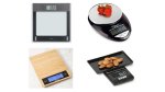 Various models of digital kitchen scales. They resemble standard flat kitchen scales, but with large LED display panels with digital readouts. One scale resembles a bamboo cutting board with a digital panel on the bottom. Another is oval instead of square. Three models are black.
