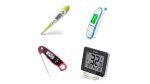Various models of thermometers. All models have digital display screens, and three devices are long and rectangular. One has a pointed end for gauging body temperature. Another has an end that resembles a barcode scanner. The food thermometer has a long, thin metal probe. The fourth model is a small-sized and square electronic device with display panel that features a built-in kickstand. One model is yellow; another is white with blue trim; a third is black with red trim; and the fourth is black.