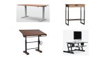 Various models of standing desks. They resemble regular desks but are taller. One has a storage shelf underneath, and another has a built-in tray for a keyboard and mouse placed slightly beneath the desktop where the monitor is situated. One model features an angled desktop and a visible hand-crank for raising and lowering the desk on the right-hand side.
