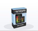 A light blue box that features the "Synapptic" logo on the top of the face and the word "Software" written in white on the bottom of the face. The main focus is on a phone with large colorful letters.