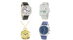 Several different models of talking watches. They resemble standard wristwatches, while one model is a gold-colored pocket watch on a chain. Another model is a silver-colored digital watch with a narrow rectangular display. Two other models are analog watches, one black and the other blue.