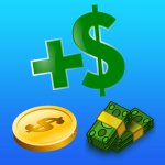 Square blue image with stylized pictures of a coin, wad of cash and a large dollar sign.