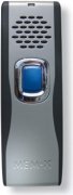 Small, vertical, silver rectangular device with a large blue button in the center and a speaker at the top.