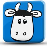 Rounded blue square with cartoon image of the head of a cow with horns.