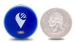 A round blue device with a small LED light on the bottom and sounds waves coming from a white dot in the center. Next to it is a quarter that is about the same size.